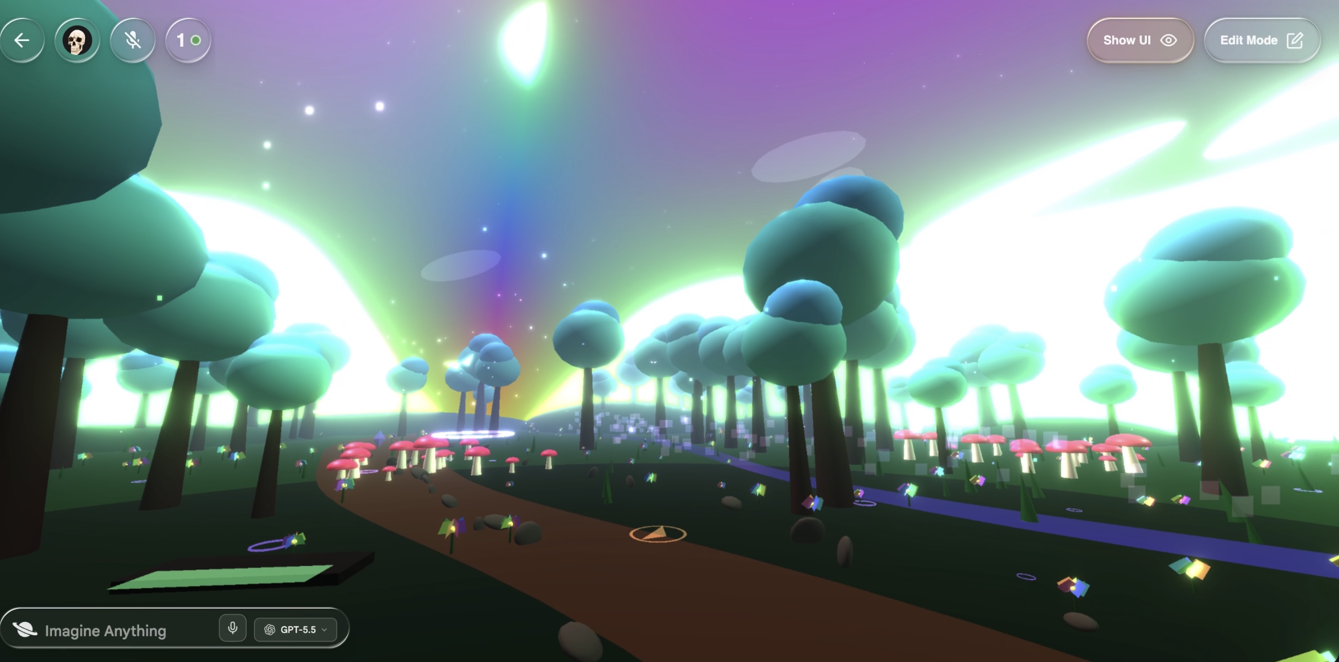 Imagine generated forest world with glowing sky and in-world controls